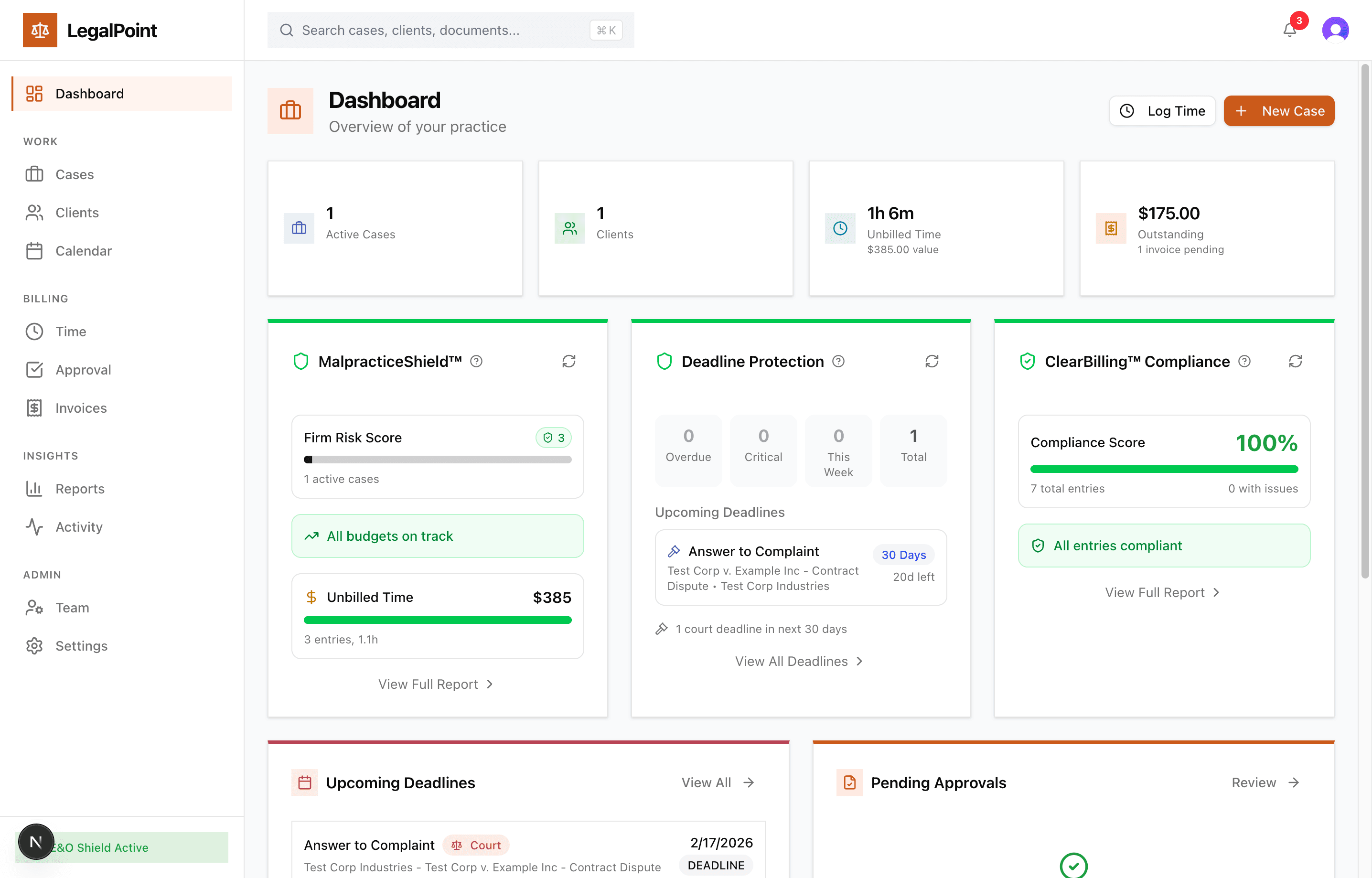 LegalPoint Dashboard showing MalpracticeShield risk score, Deadline Protection, and ClearBilling compliance
